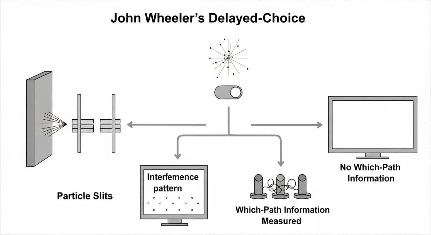 A simplified scientific diagram illustrating the delayed-choice experiment. It shows a particle source, a double-slit wall, and a detector screen. A dotted line path shows a particle passing the slits, and after that point, a switch allows a choice between two final screens: one labeled 'Interference Pattern Detector (No Which-Path Info)' and another labeled 'Particle Detector (Which-Path Info)'.
