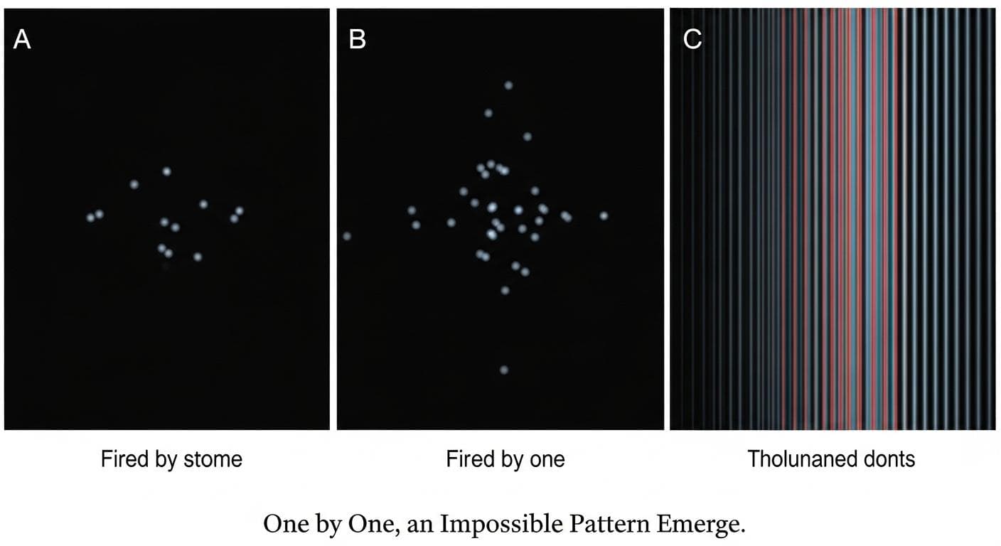 A diagram showing the result of the double-slit experiment with single electrons. It shows a faint, spread-out pattern of dots on the left, labeled 'Few Electrons Fired'. On the right, it shows a dense pattern of dots that have built up over time to form the distinct bright and dark vertical bands of an interference pattern, labeled 'Many Electrons Fired'.