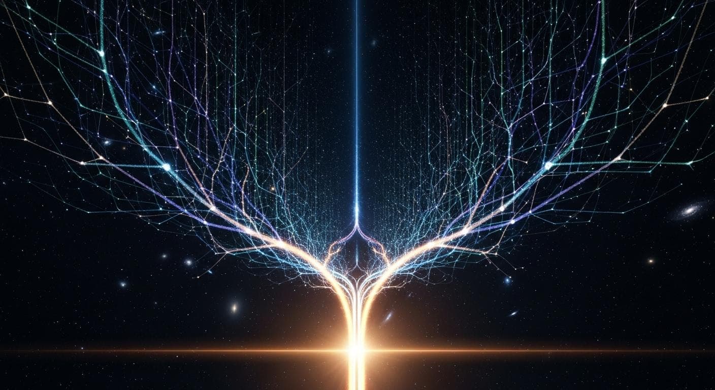An artistic and conceptual representation of the Many-Worlds interpretation. A central, glowing timeline is shown splitting into countless branching, shimmering alternate timelines, creating a complex, tree-like structure of parallel universes against a cosmic backdrop.