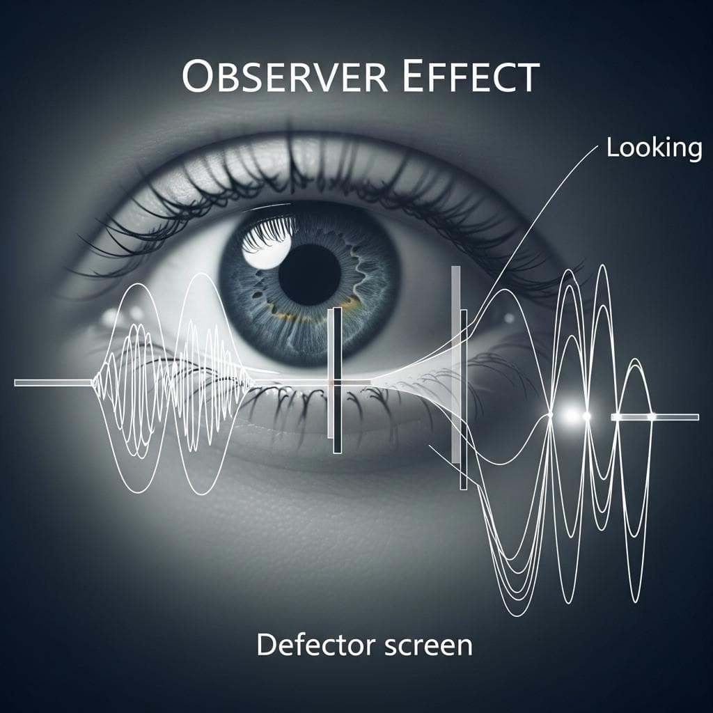 A conceptual image of the observer effect. A large, stylized, semi-transparent eye is positioned in front of a glowing double-slit apparatus. Behind the slits, a diffuse wave pattern is shown collapsing into a single, bright point of light, representing the act of measurement forcing a quantum state into a definite outcome.