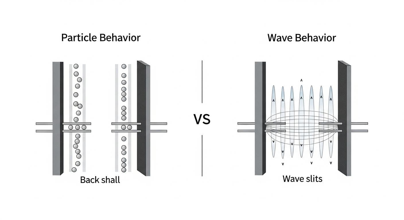 A clear, side-by-side diagram comparing the results of the double-slit experiment. On the left, marbles are shown passing through two slits and creating two distinct vertical bands on a screen behind them, labeled 'Particle Behavior'. On the right, water waves pass through the slits, creating an interference pattern of multiple bright and dark bands on the screen, labeled 'Wave Behavior'.