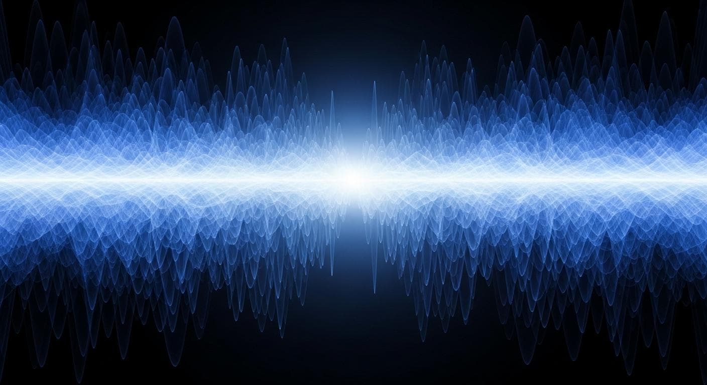 An abstract, artistic rendering showing a beautiful, ethereal wave of glowing blue and purple light spreading out across a dark background. In the center, the wave is resolving into a single, brilliant white point, symbolizing the concept of a wave function collapsing into a definite state.