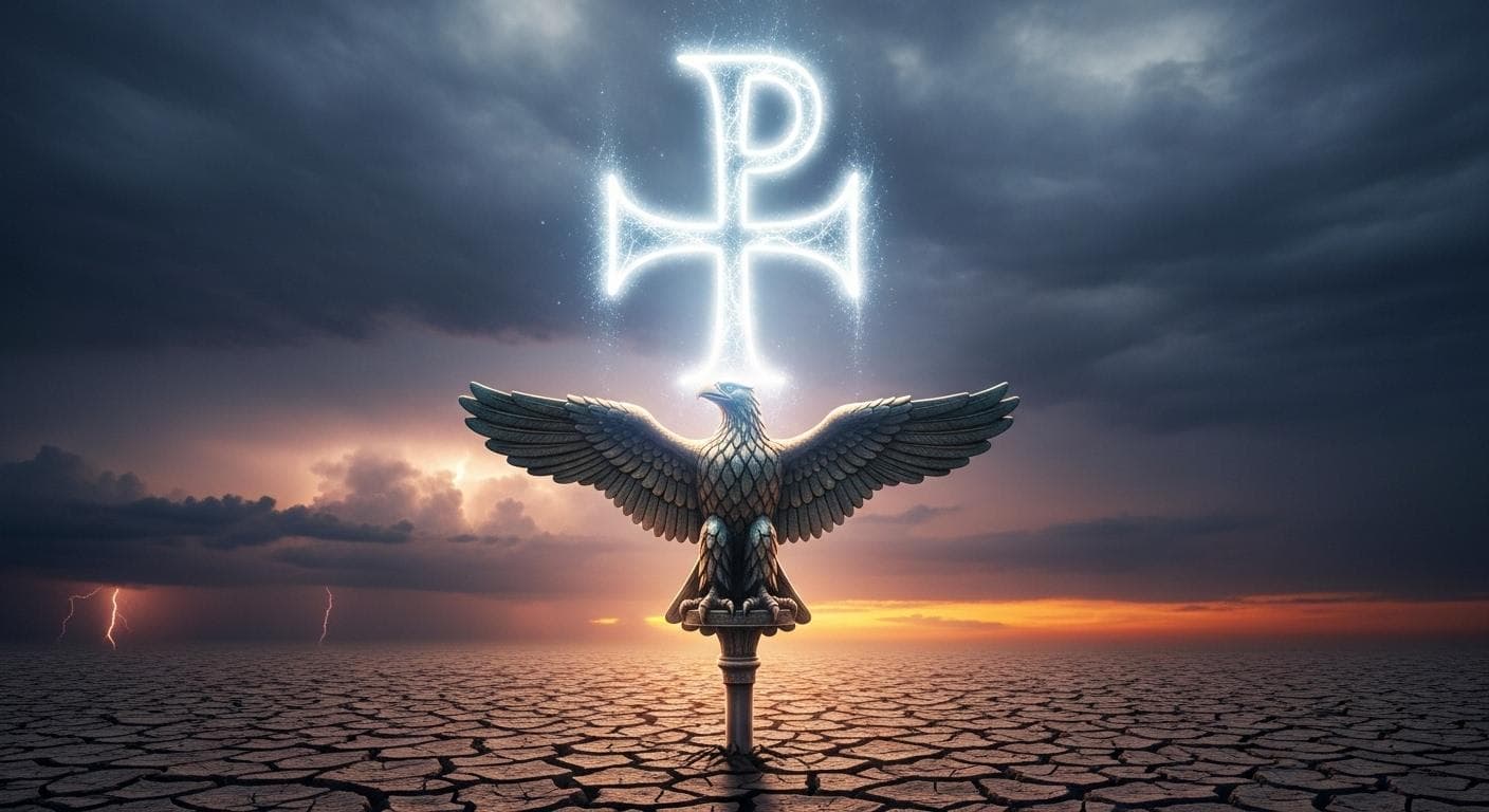 A conceptual image of a Roman legionary standard, the Aquila eagle, with the Christian Chi-Rho symbol glowing faintly and superimposed over it, set against a dramatic, cloudy sky.