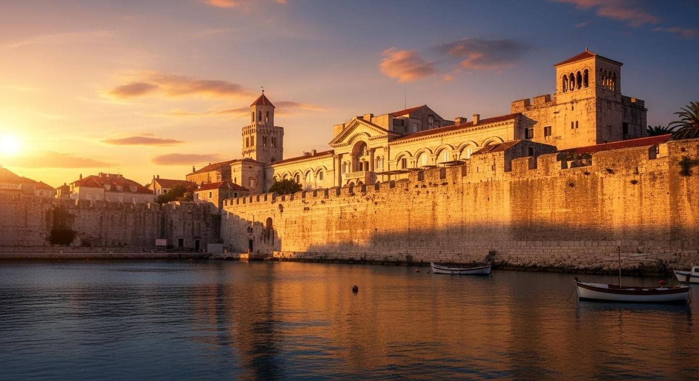 The majestic ruins of a grand Roman palace, resembling a fortified city, perched on a cliff overlooking the sea at sunset, conveying power and isolation.