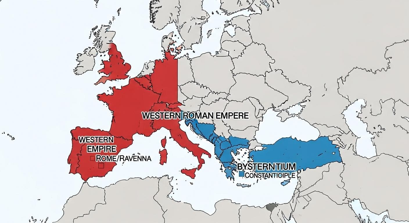 A clear, color-coded map showing the final division of the Roman Empire into the Western Roman Empire and the Eastern Roman Empire (Byzantium) around 395 CE.