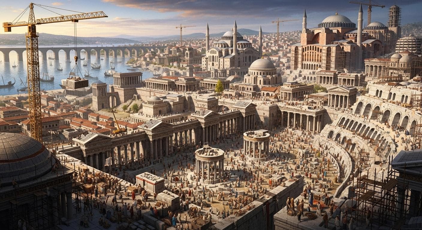 A sweeping, cinematic digital painting of a grand new city being constructed on the shores of the Bosphorus strait, featuring classical Roman architecture alongside the distinct outlines of early Christian basilicas.