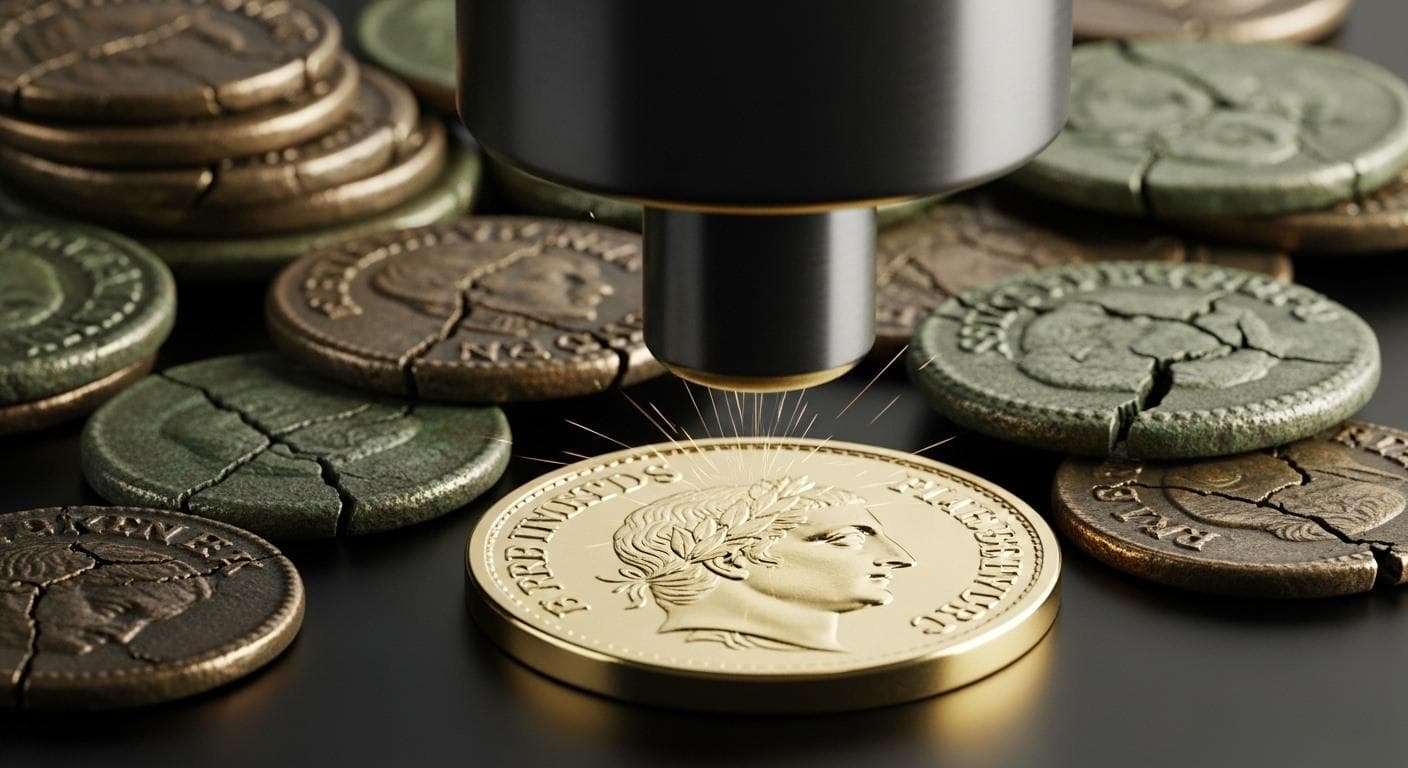 A gleaming, newly minted gold Roman coin, the Solidus, stands in the foreground, sharp and detailed. In the blurry background are heaps of old, tarnished, and debased bronze coins.