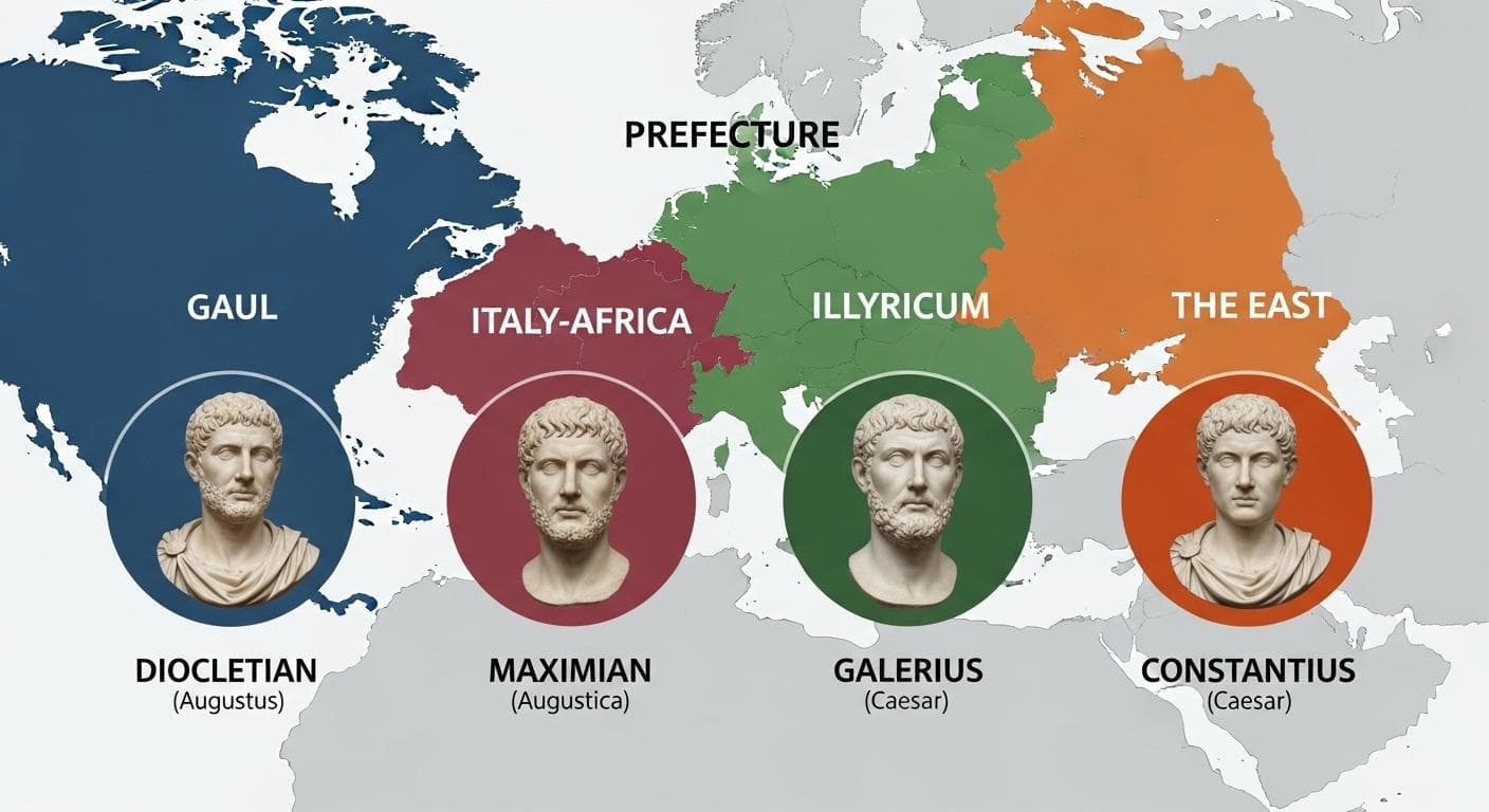 A stylized map of the Roman Empire divided into four distinct colored prefectures, each with a classical Roman bust representing the four rulers of the Tetrarchy: two senior Augusti and two junior Caesars.