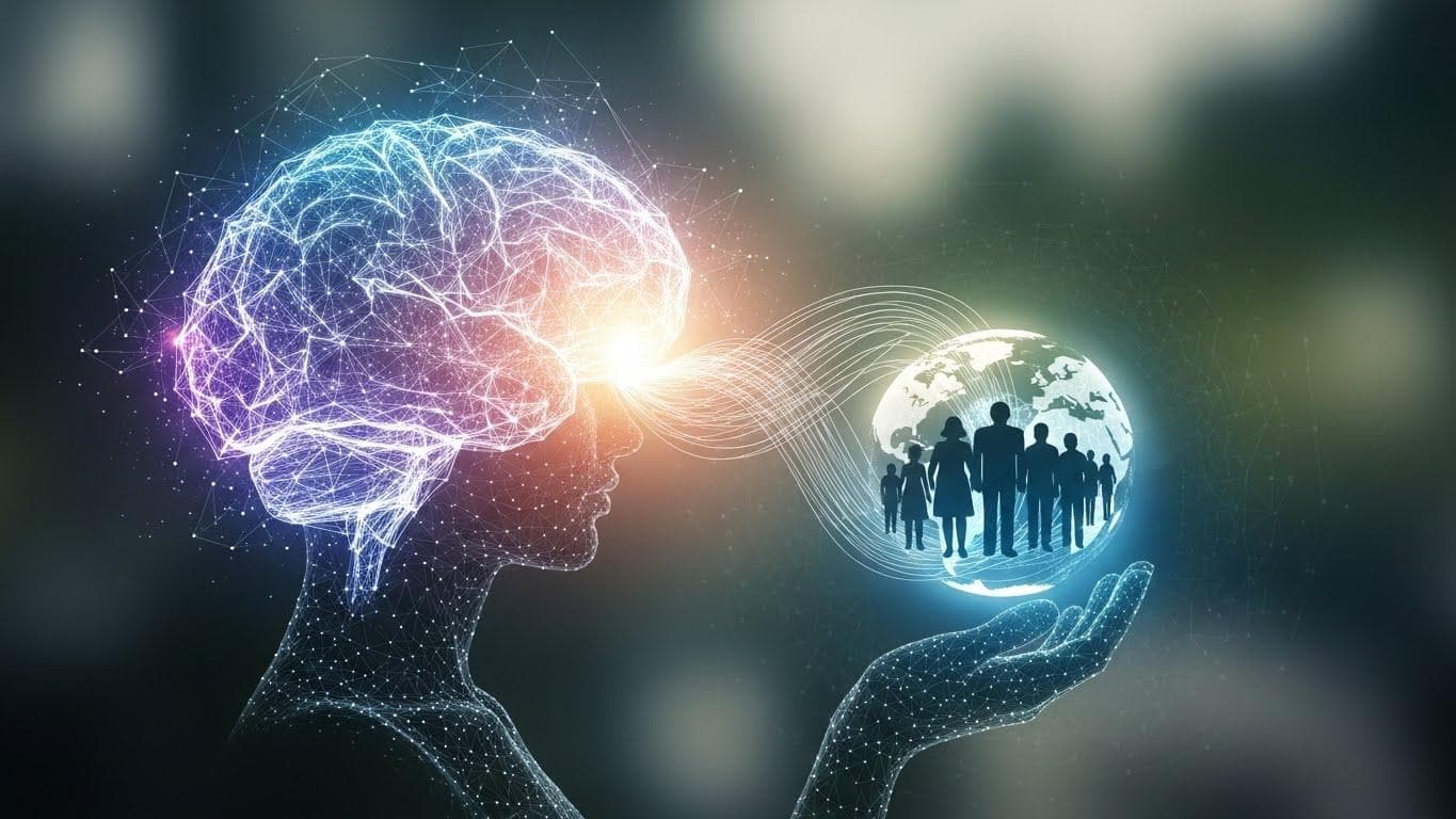 Abstract visualization of an AI network carefully interacting with the world, symbolizing the responsibility in AGI development.