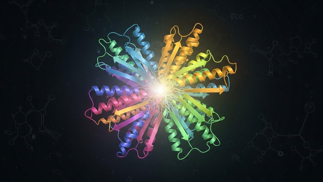 A breathtakingly detailed and beautiful 3D rendering of a complex protein structure, glowing with internal light against a dark, scientific background.
