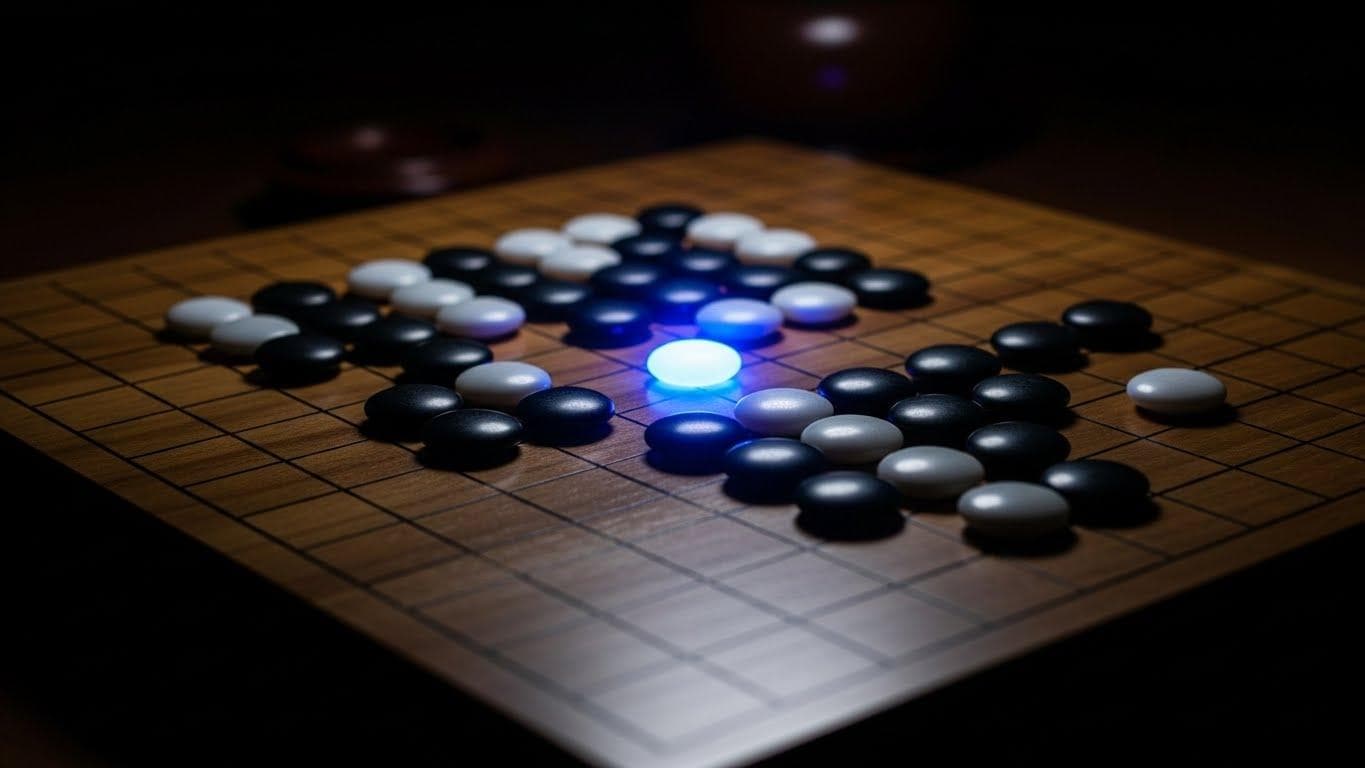 A single, glowing, futuristic blue stone placed on a traditional wooden Go board, representing the unexpected and brilliant Move 37.