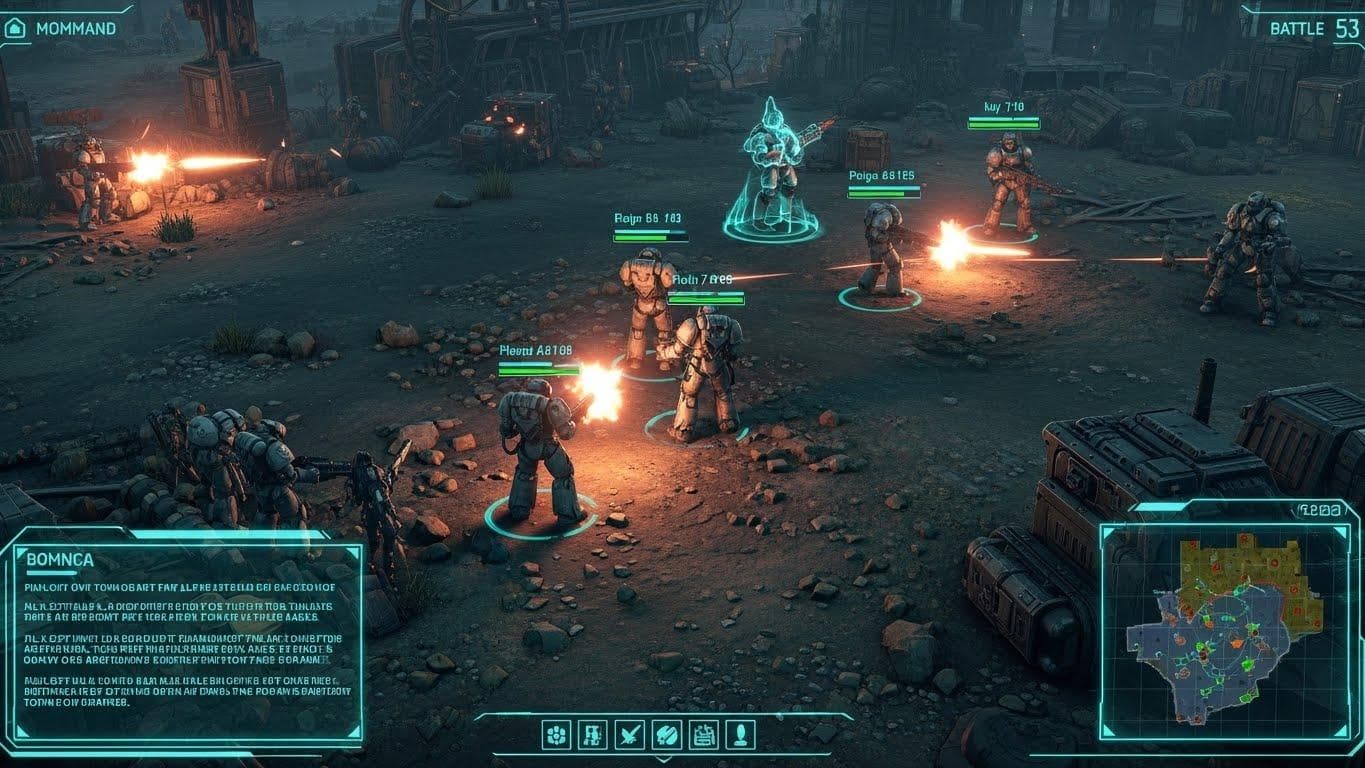 A futuristic, isometric view of a chaotic battlefield from a real-time strategy game like StarCraft, with explosions and holographic unit indicators.