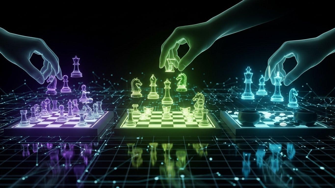 A conceptual image showing glowing, ethereal chess, shogi, and Go pieces being arranged on their respective boards by an unseen, intelligent force.