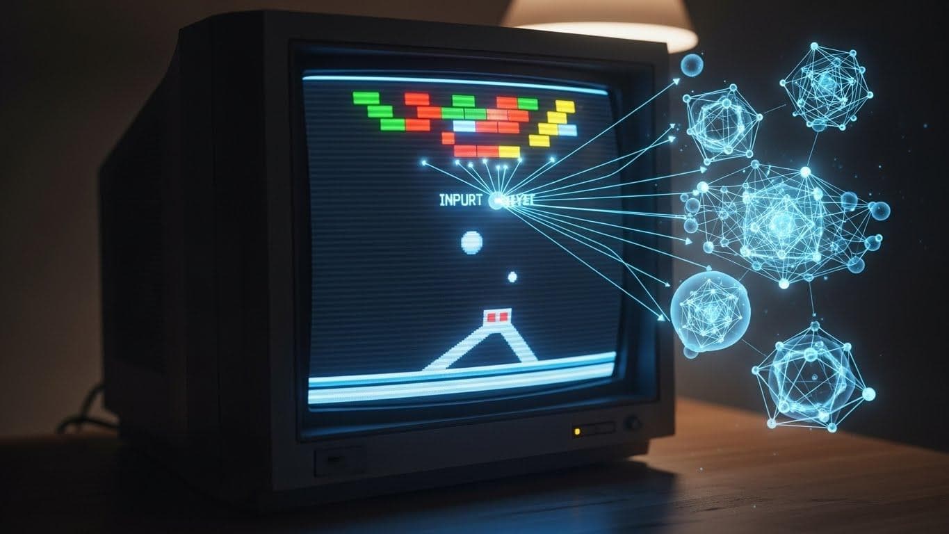 A retro-style pixelated video game screen for Breakout, with an overlay of a glowing blue neural network connecting the paddle to the score.