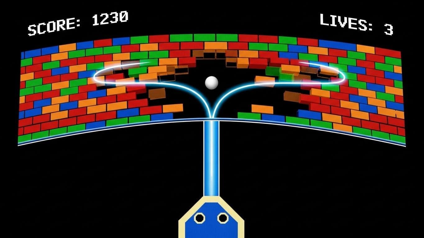 An Atari Breakout screen showing the ball tunneling behind the brick wall, illustrating the AI's discovered optimal strategy.