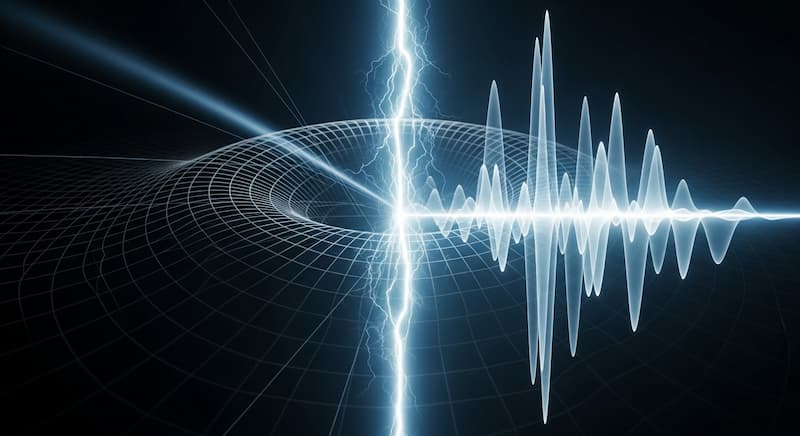 An abstract, conceptual image showing the clash between a curved spacetime grid (General Relativity) on one side and a glowing, probabilistic wave function (Quantum Mechanics) on the other.