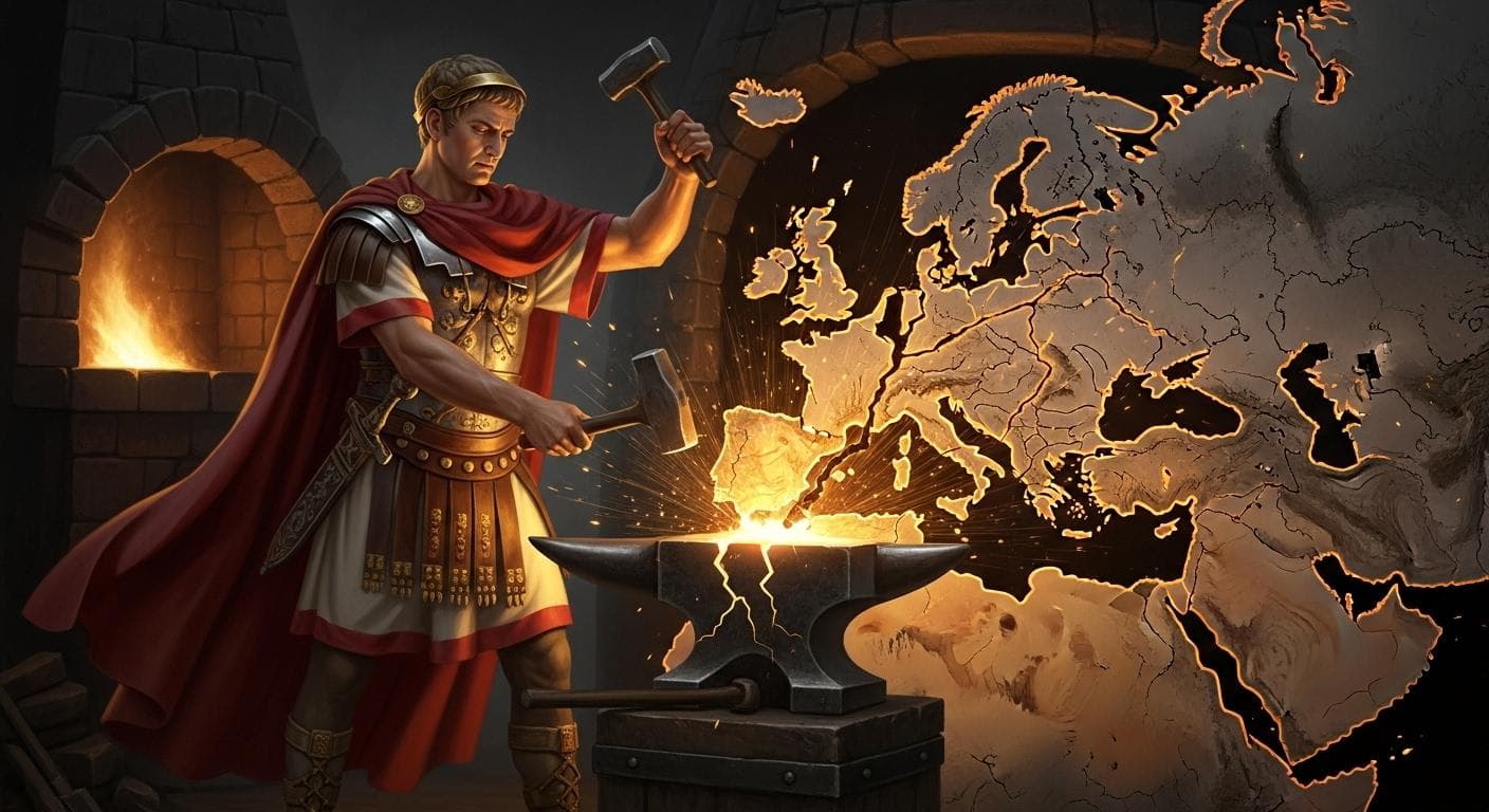A determined Roman emperor in military attire, representing Aurelian, symbolically uses a hammer and anvil to forge together the fractured pieces of a metal map of the Roman Empire.