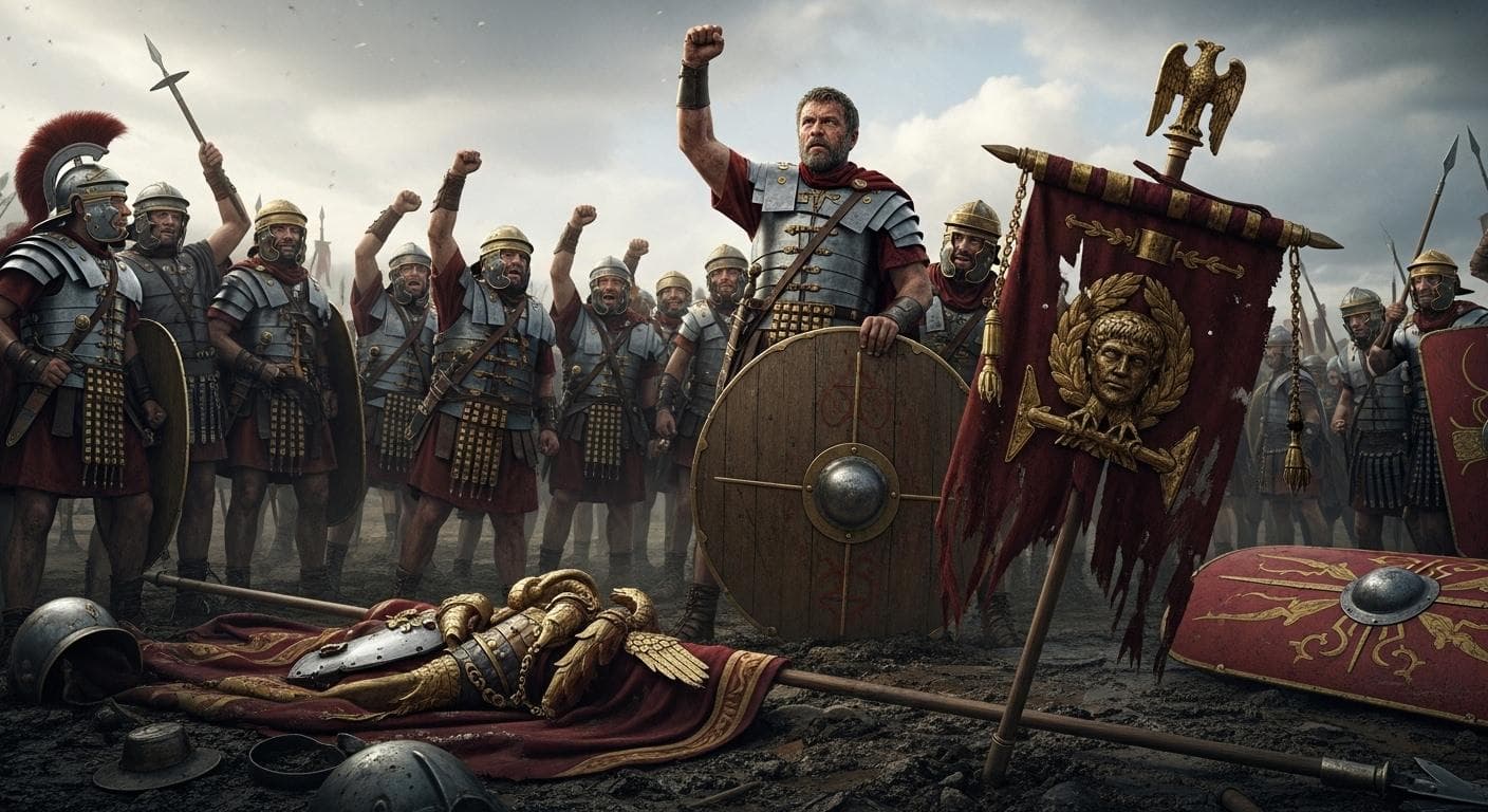 A battle-scarred Roman general with a grim expression is hastily lifted onto a shield by his legionaries on a chaotic battlefield, proclaiming him the new emperor.