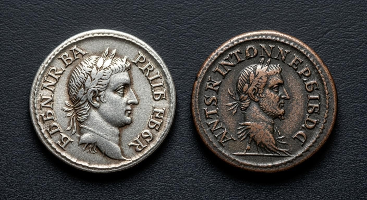 A visual comparison of two Roman coins side-by-side: on the left, a gleaming, pure silver Denarius from the 2nd century; on the right, a dark, corroded Antoninianus from the 3rd century, clearly showing its coppery base metal.