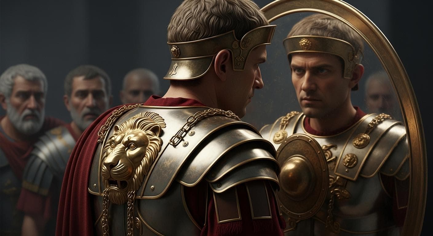 A conceptual image of a Roman emperor in golden, lion-headed armor, styled after Hercules, staring at his own reflection in a polished shield, oblivious to the concerned senators blurred in the background.