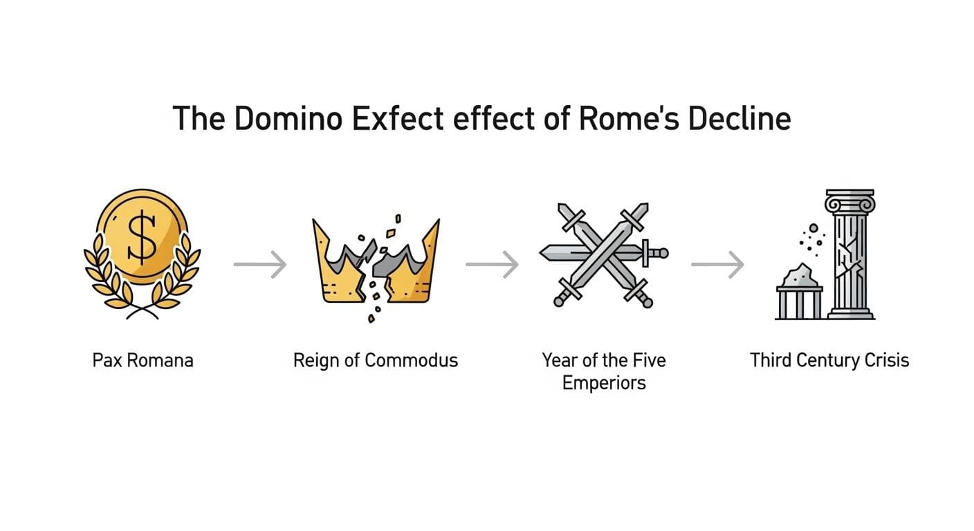 A conceptual diagram showing the chain reaction of Roman decline, starting with a golden icon for the Pax Romana, leading to a broken crown for Commodus, then to five swords clashing for the Year of Five Emperors, and finally a crumbling column for the Third Century Crisis.