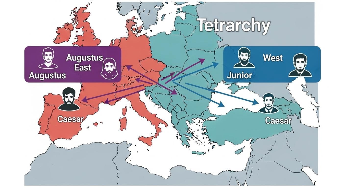 A clear diagram showing a map of the Roman Empire divided into four distinct color-coded quadrants, each labeled with the title 'Augustus' or 'Caesar' to illustrate the structure of Diocletian's Tetrarchy.