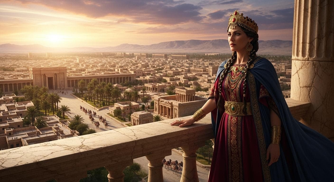 A powerful queen, representing Zenobia of Palmyra, stands on a balcony overlooking a magnificent desert city at sunset, her expression defiant and resolute.