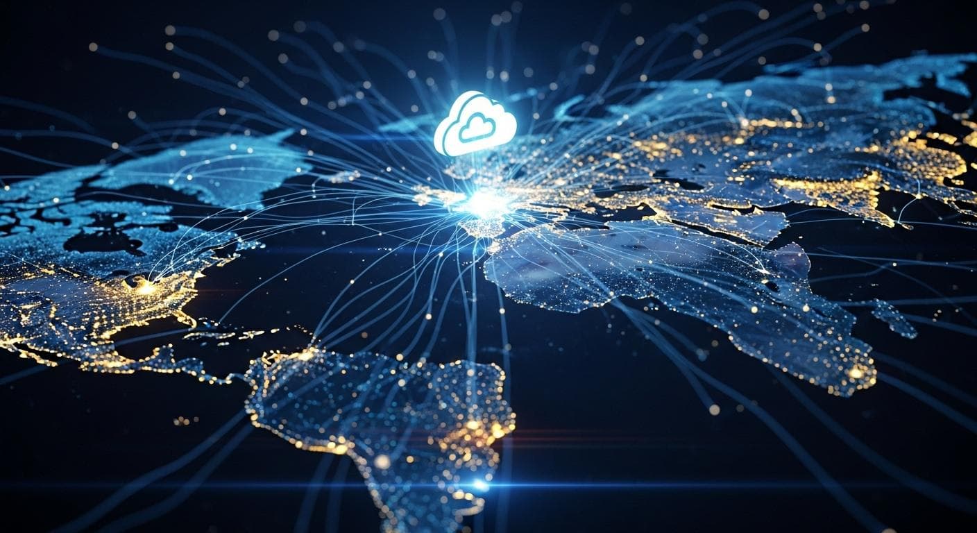 A stylized world map at night with glowing nodes and data streams connecting users to a central cloud icon, symbolizing a successful global application deployment on Cloud Run.