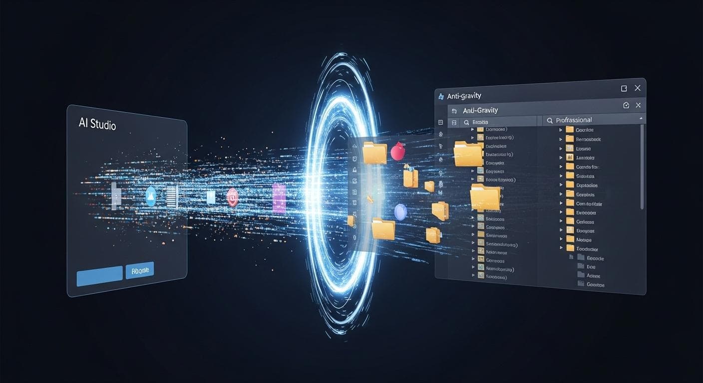 A glowing, abstract representation of a project's code and assets being transferred through a digital portal from the simple AI Studio interface on the left to the complex Anti-gravity IDE on the right.