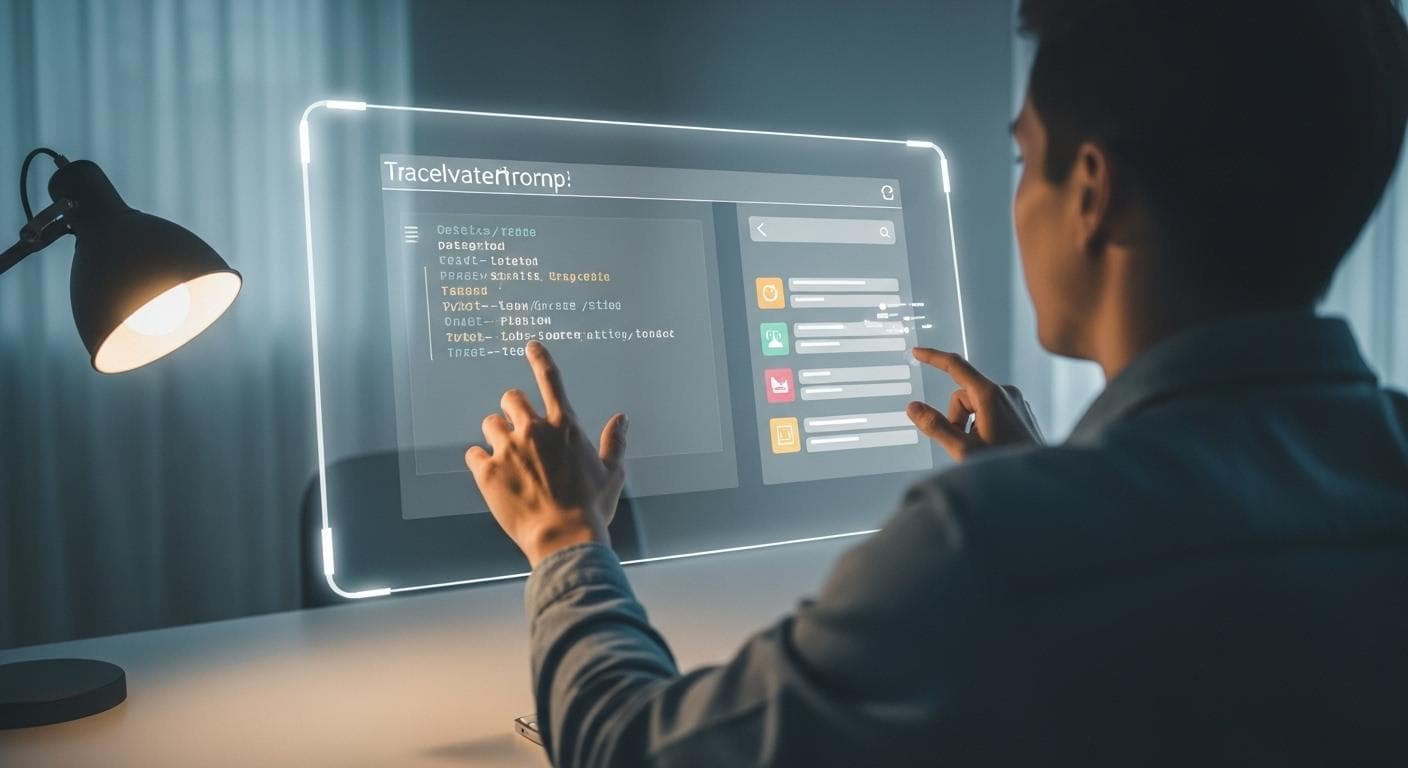 A conceptual shot of a developer from behind in a modern, creative workspace, interacting with a futuristic transparent screen. The screen shows a simple text prompt creating a colorful, generative AI travel app in real-time.