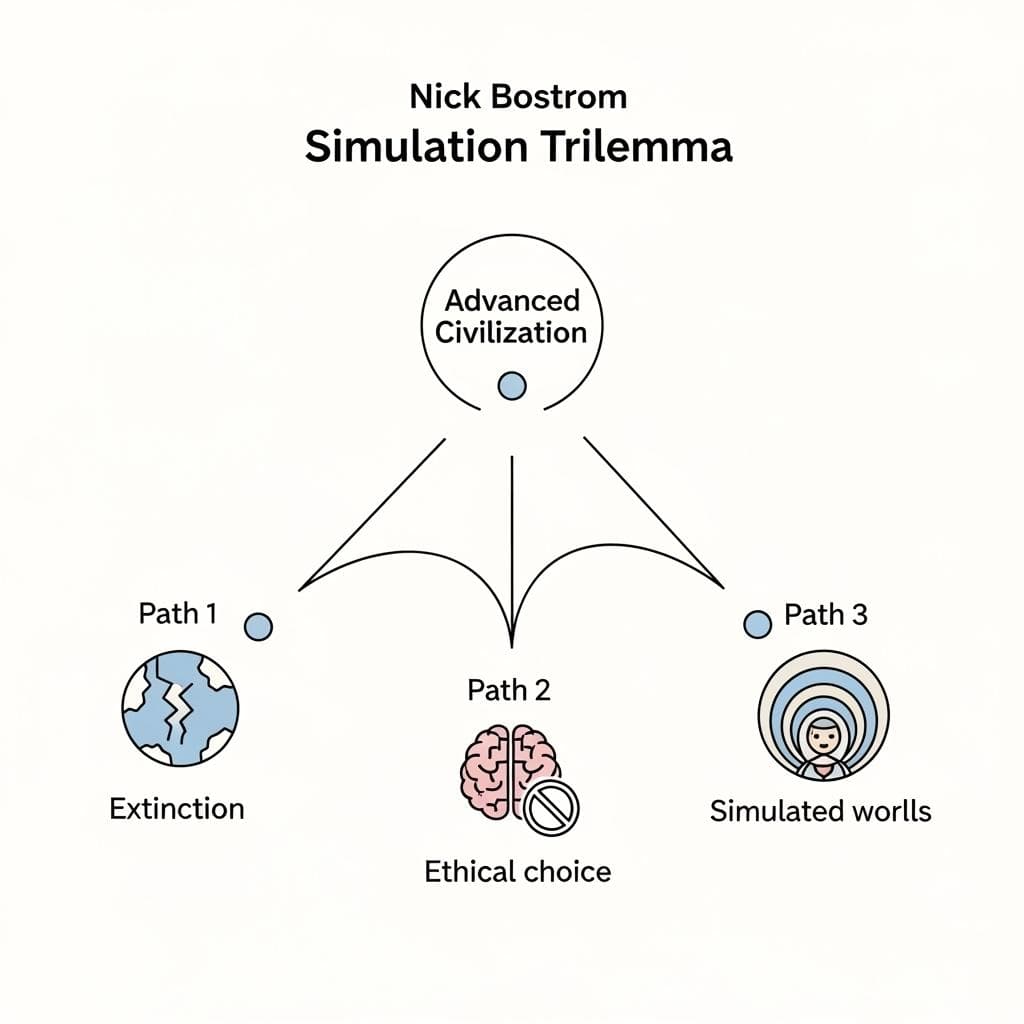 A clean, modern infographic diagram illustrating Nick Bostrom's Simulation Trilemma. Three distinct pathways branch from a central point labeled 'Advanced Civilization'. Path 1 leads to an icon of extinction, Path 2 leads to an icon of ethical choice, and Path 3 leads to a nested series of simulated worlds.