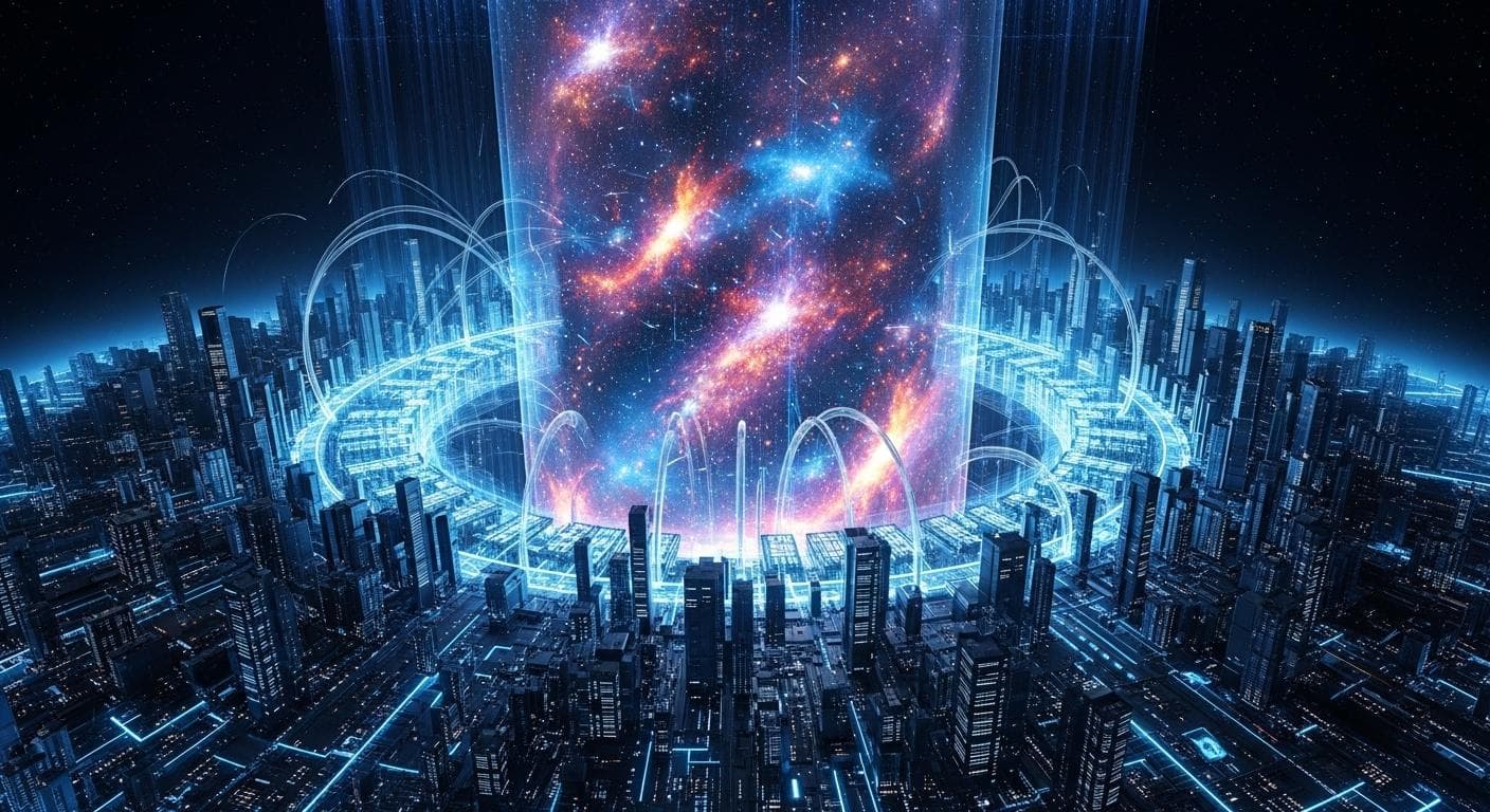 An abstract artistic representation of the computational challenge of simulating a universe. A massive, planet-sized server farm glowing with energy is trying to contain a swirling nebula within its processors, showing the scale of the task.