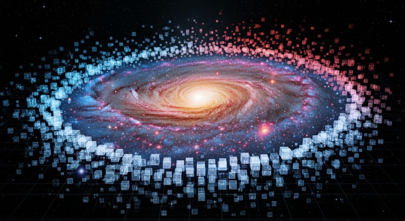 An awe-inspiring artistic concept of a spiral galaxy dissolving into glowing, cubic digital pixels at its edges, revealing a grid-like structure underneath. The transition from photorealistic galaxy to digital code is seamless and beautiful.
