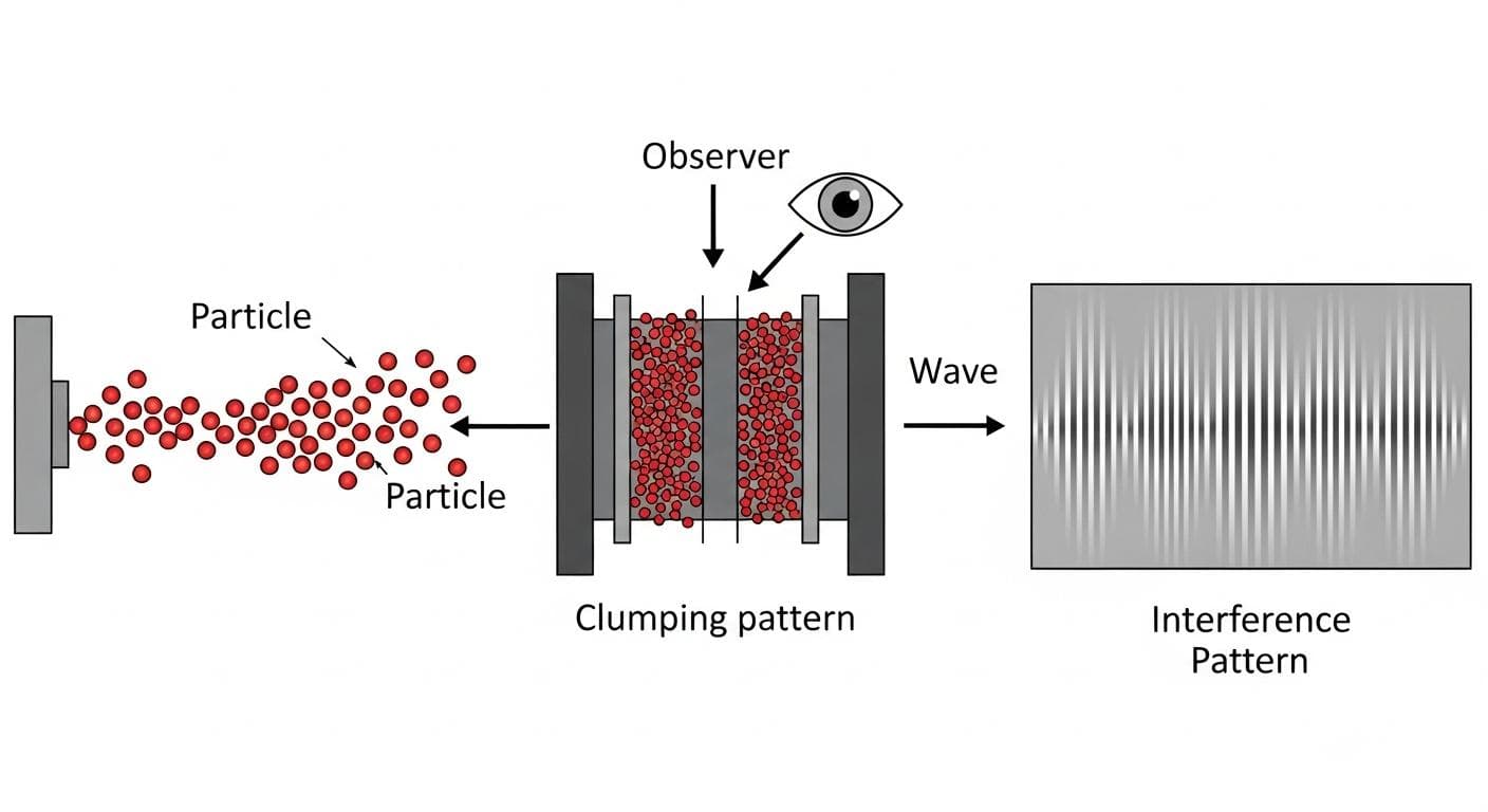 A scientific diagram clearly explaining the double-slit experiment. On the left, a beam source fires particles. In the middle, a barrier with two slits. On the right, two different outcomes are shown: a 'clumping pattern' for observed particles and a 'wave interference pattern' for unobserved particles. Labeled for clarity.