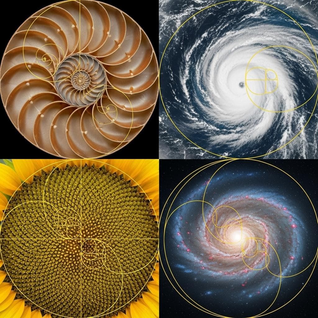 A stunning composite image showing the Fibonacci spiral overlaid perfectly on a nautilus shell, a hurricane, a sunflower's seed head, and a spiral galaxy, illustrating the mathematical pattern across different scales of nature. High-detail, vibrant colors.