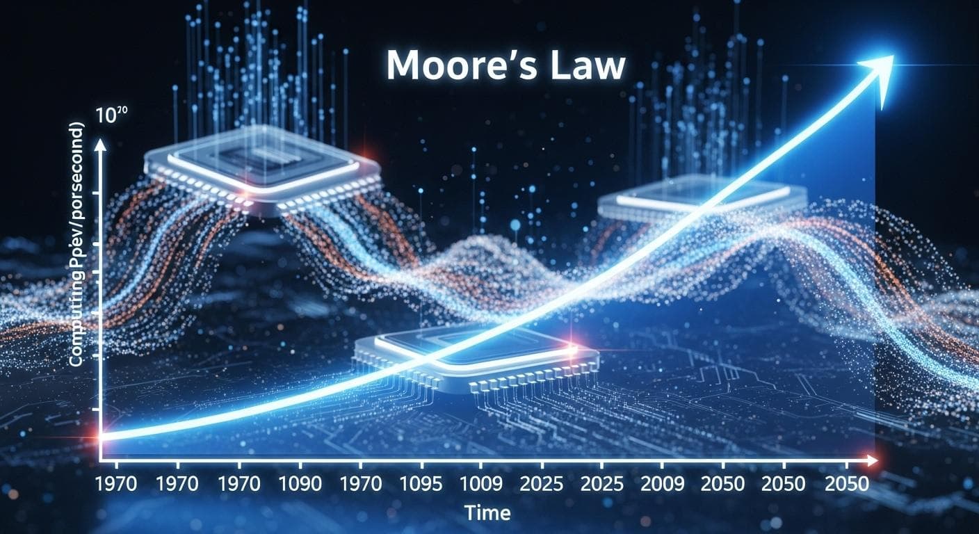 A futuristic 3D graph visualizing Moore's Law. A glowing line charts exponential growth in computing power against time. The background features abstract representations of microchips and data flows.