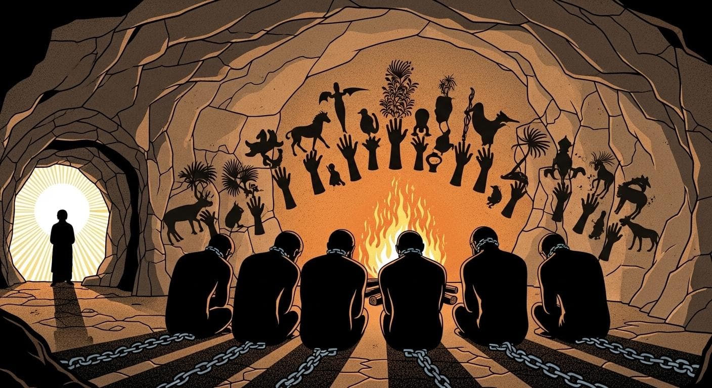 A stylized illustration depicting Plato's Allegory of the Cave. Silhouetted figures are chained facing a wall, watching shadows cast by objects behind them from a fire. The style is a mix of ancient Greek art and modern digital illustration.