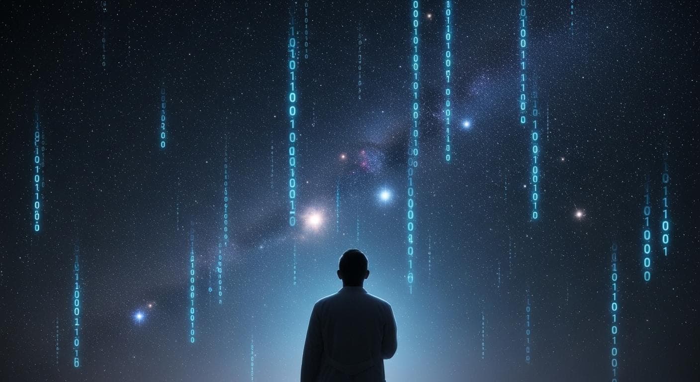 A thoughtful scientist, seen from behind, looking at a vast, star-filled sky that subtly glitches and reveals lines of binary code. The figure is silhouetted against the cosmic display, conveying a sense of profound discovery and questioning.