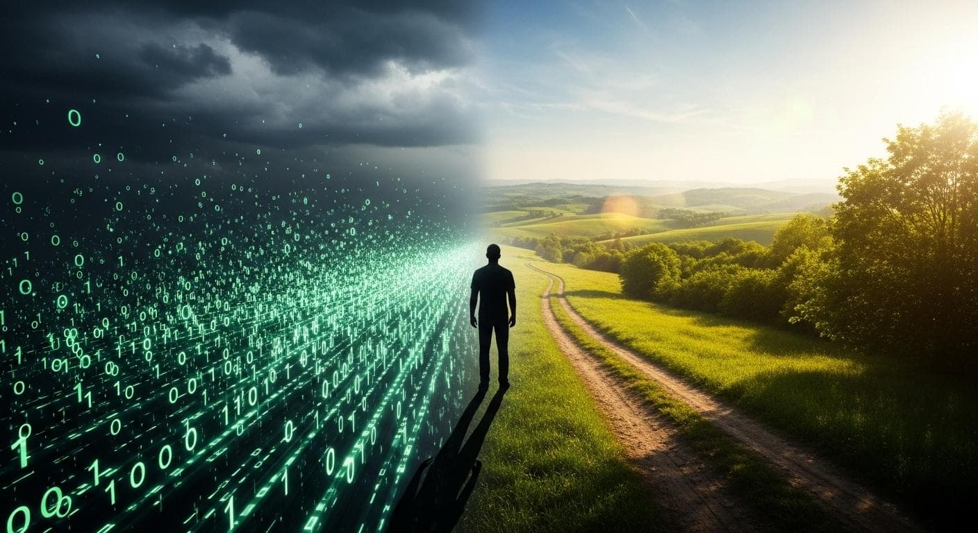 A solitary human figure stands at a crossroads where one path dissolves into binary code and the other leads towards a natural, sunlit landscape, symbolizing the philosophical choice of how to find meaning in a potentially simulated reality. Moody, atmospheric lighting.