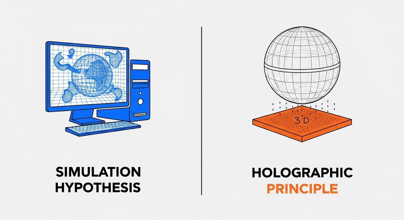 A simple, clear infographic comparing the Simulation Hypothesis and the Holographic Principle. On the left, an icon shows a computer running a 3D world (Simulation). On the right, an icon shows a 3D sphere with its information encoded on its 2D surface (Hologram). Clear labels differentiate the two concepts.