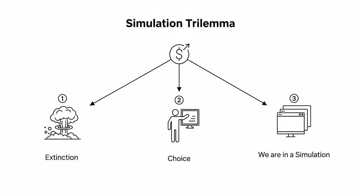 A clean, modern diagram illustrating Nick Bostrom's Simulation Trilemma with three distinct pathways leading to icons representing extinction, ethical choice, and nested virtual realities.