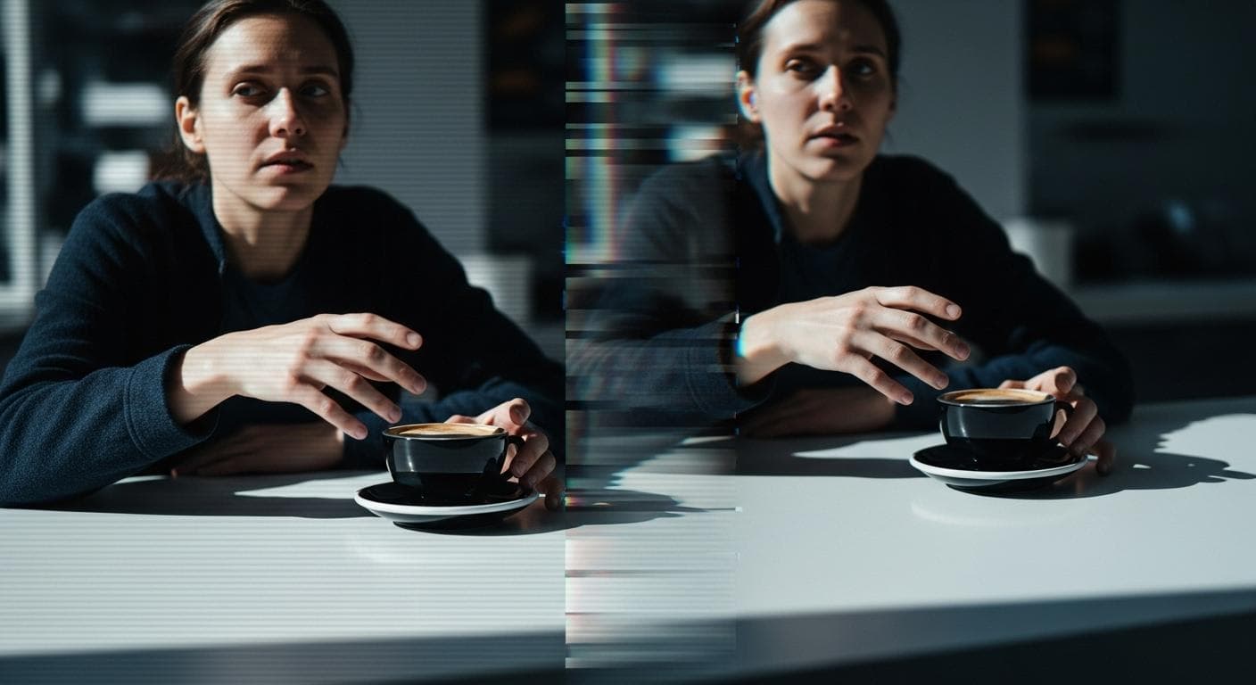 A conceptual image of a person experiencing a moment of deja vu. The scene is split with a subtle digital glitch effect, showing a ghosted, repeating image of their own action, hinting at a timeline correction.