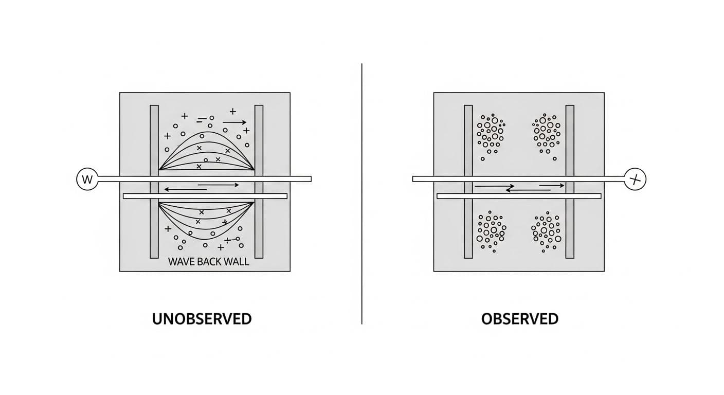 A minimalist, clean diagram illustrating the quantum double-slit experiment. One side shows particles creating a wave interference pattern (unobserved), and the other side shows two distinct clumping patterns (observed).