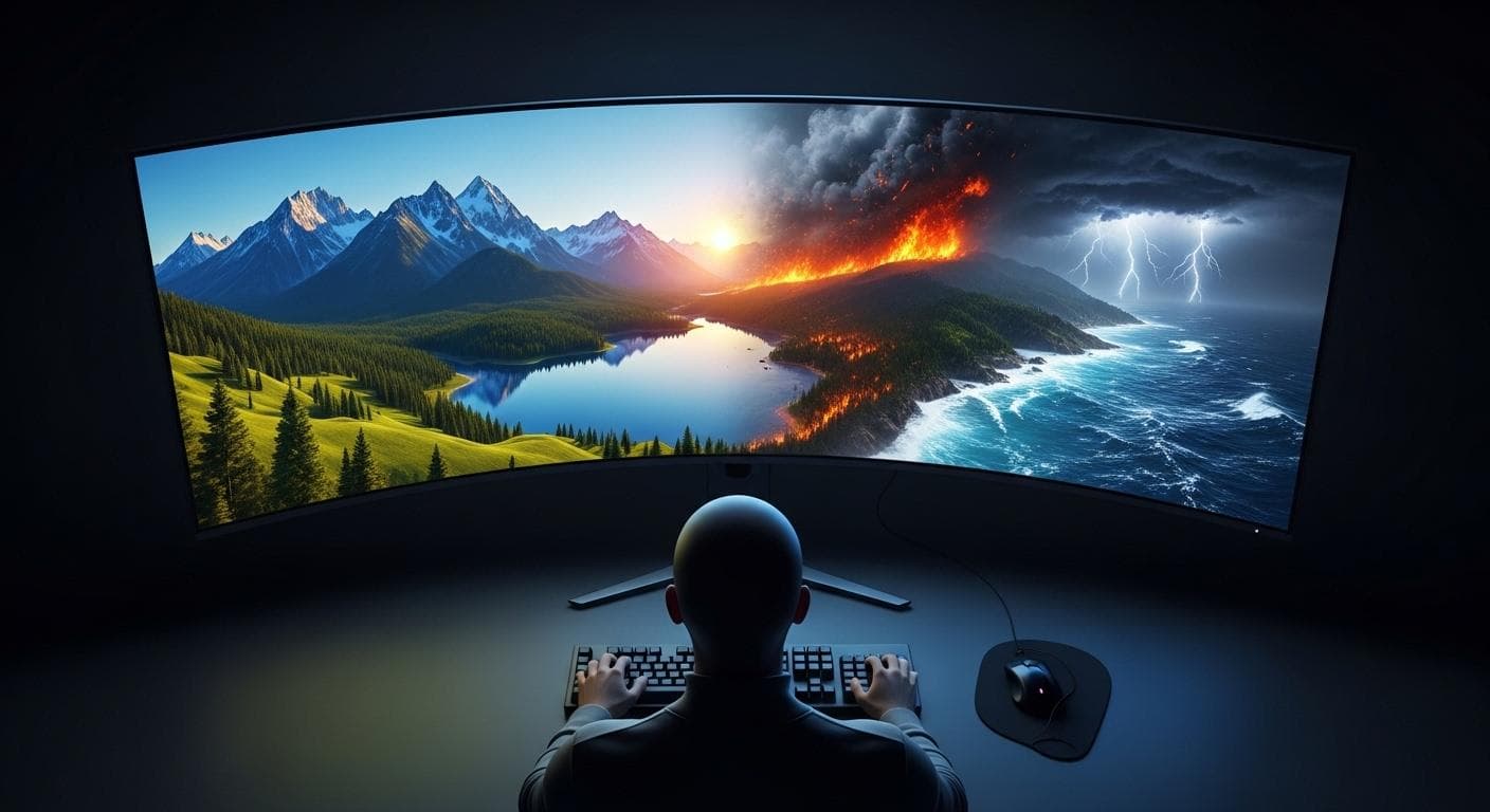 A conceptual image from a detached, high-angle view of a shadowy figure, representing a programmer, looking impassively at a complex screen displaying a simulated world filled with both beauty and chaos.