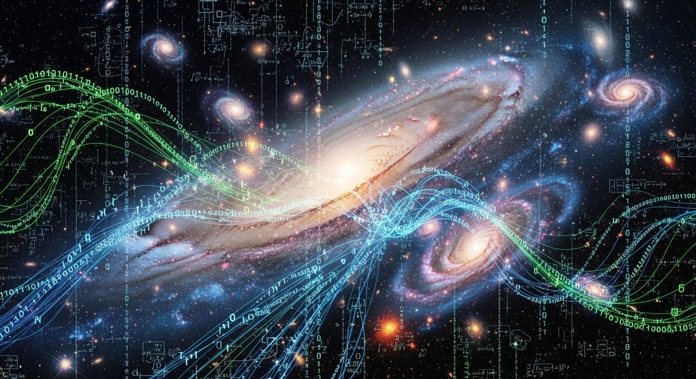 A stunning visualization of the cosmos where swirling galaxies and nebulae are interwoven with glowing lines of binary code and mathematical formulas, representing the laws of physics as a program.