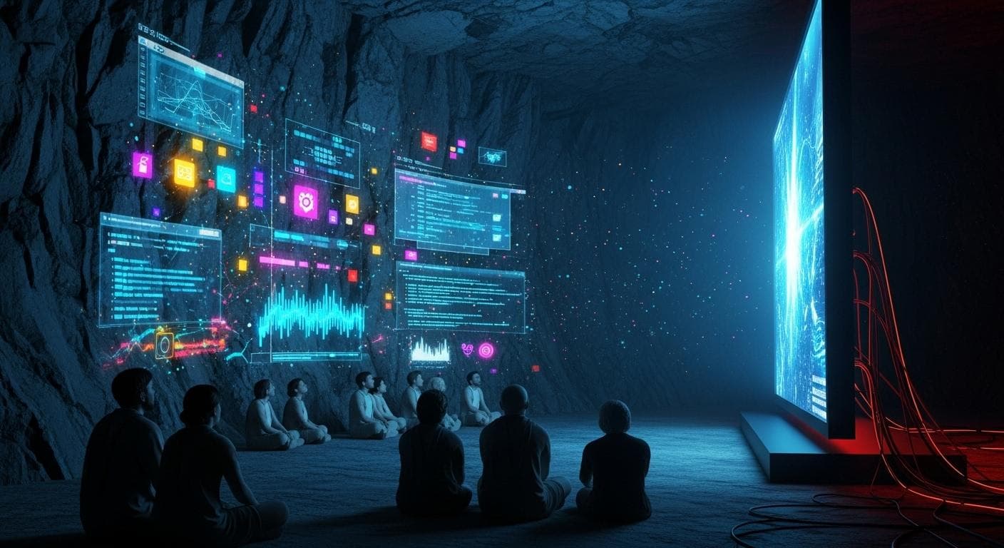 An artistic and philosophical representation of Plato's Cave, where the shadows on the cave wall are replaced by flickering digital pixels cast from a giant, futuristic computer screen just out of sight.