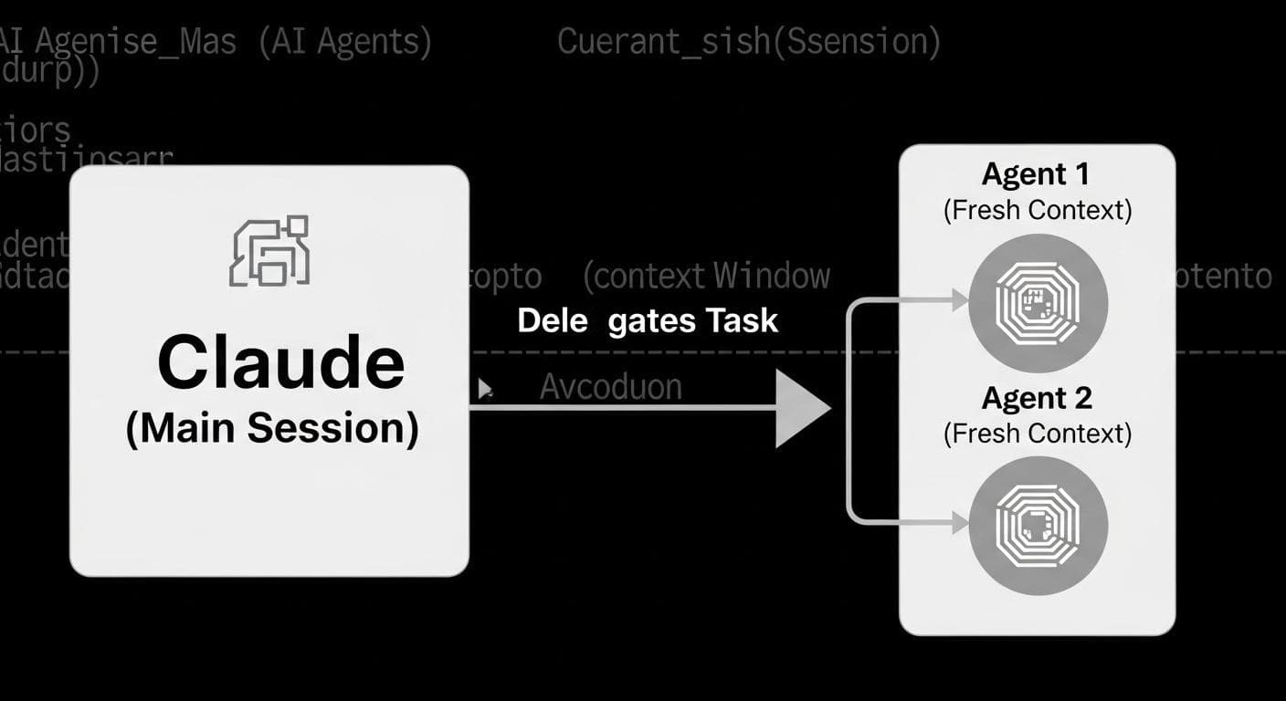 A diagram illustrating the concept of AI Agents in the terminal. A main 'Claude' process is shown delegating tasks to smaller, independent 'Agent' processes, each with its own fresh context window.