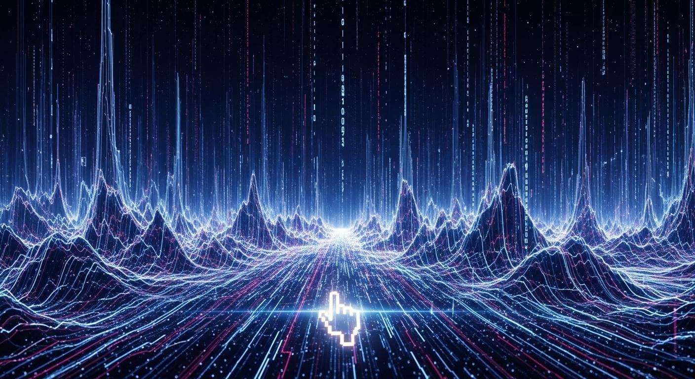 An abstract, artistic rendering of a vast digital landscape made of flowing lines of code, with a single glowing cursor in the foreground, symbolizing user control.