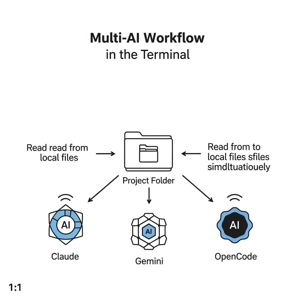 A concept diagram showing a central 'Project Folder' with arrows pointing to Claude, Gemini, and OpenCode icons, illustrating how all three AIs can work on the same set of files simultaneously.