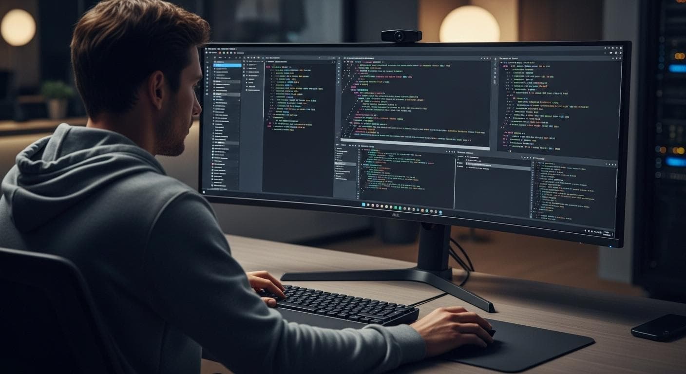 A focused power user, seen from behind, at a modern desk with a large monitor displaying multiple terminal windows, conveying a sense of deep work and productivity.